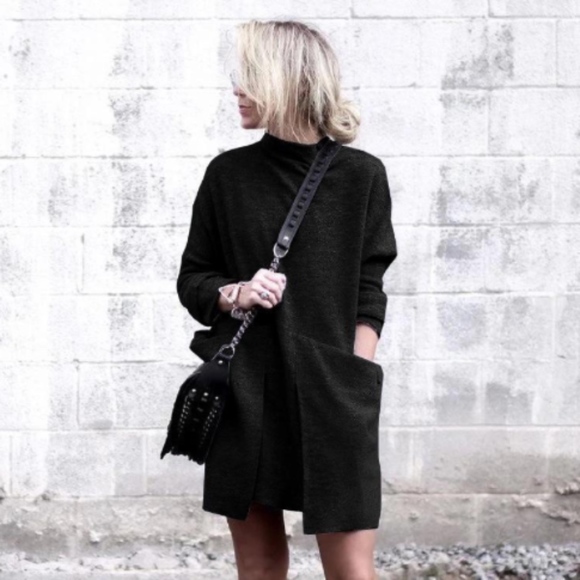 Dresses & Skirts - Black Plain Cotton Casual High Neck Dress